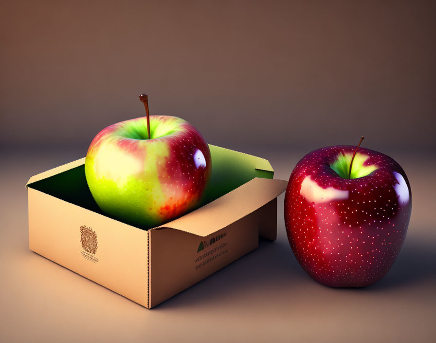 Realistic apples in open cardboard box and outside on neutral background