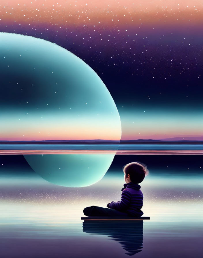 Child Contemplating Planet Over Waterfront at Night