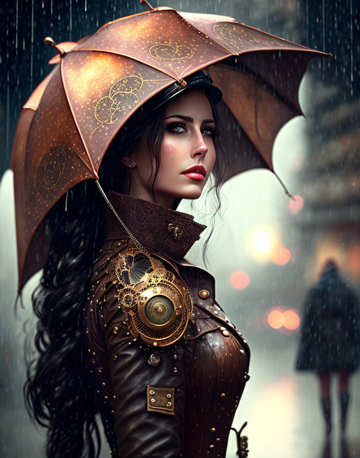 Dark-haired woman in steampunk outfit under umbrella in rainy cityscape