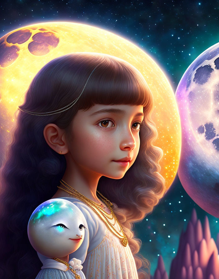 Digital painting: Young girl with moon-faced doll in celestial setting