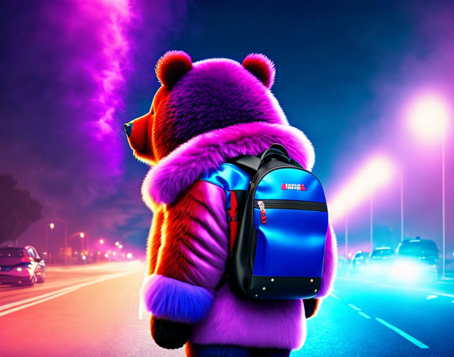 Colorful bear costume with blue backpack on vibrant city street at night