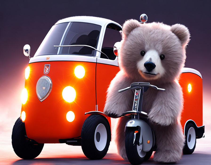 Animated bear on scooter next to classic vehicle under purple light