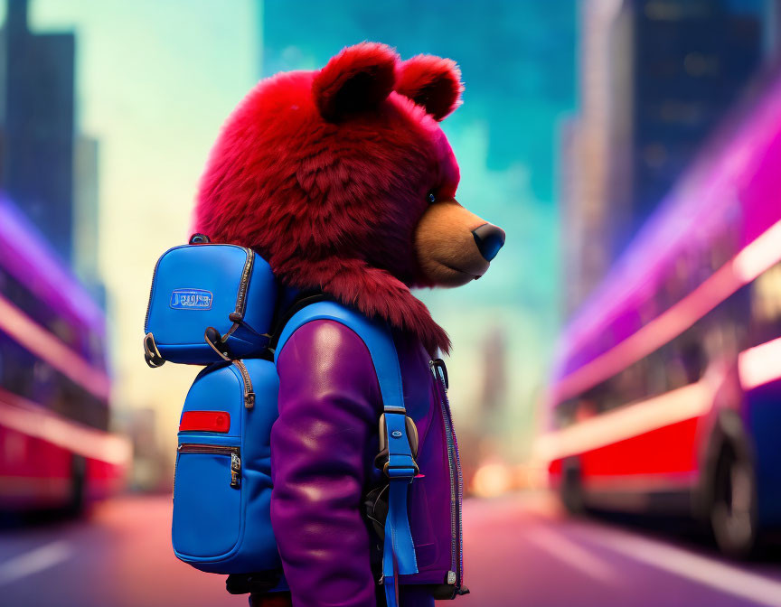 Bear character in leather jacket with blue backpack in neon-lit urban street