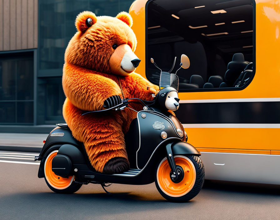 Large Teddy Bear Riding Black Scooter Next to Yellow Bus