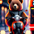 Teddy bear in leather jacket rides scooter in city street at twilight