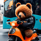 Realistic bear costume riding orange scooter in city scene with bus and skyscrapers.