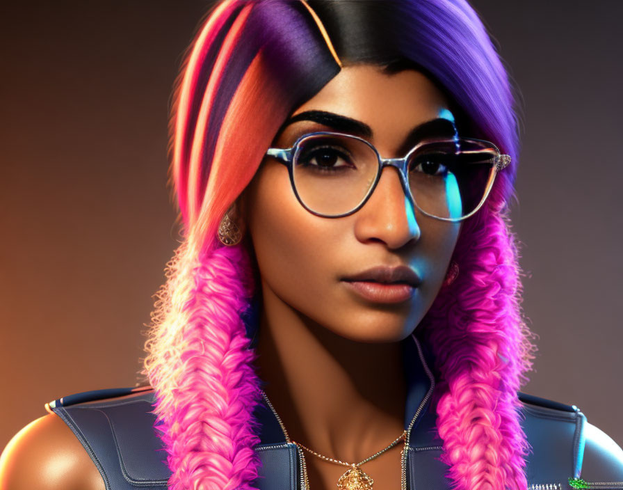 Colorful digital artwork: Woman with rainbow hair, stylish glasses, and shimmering accessories