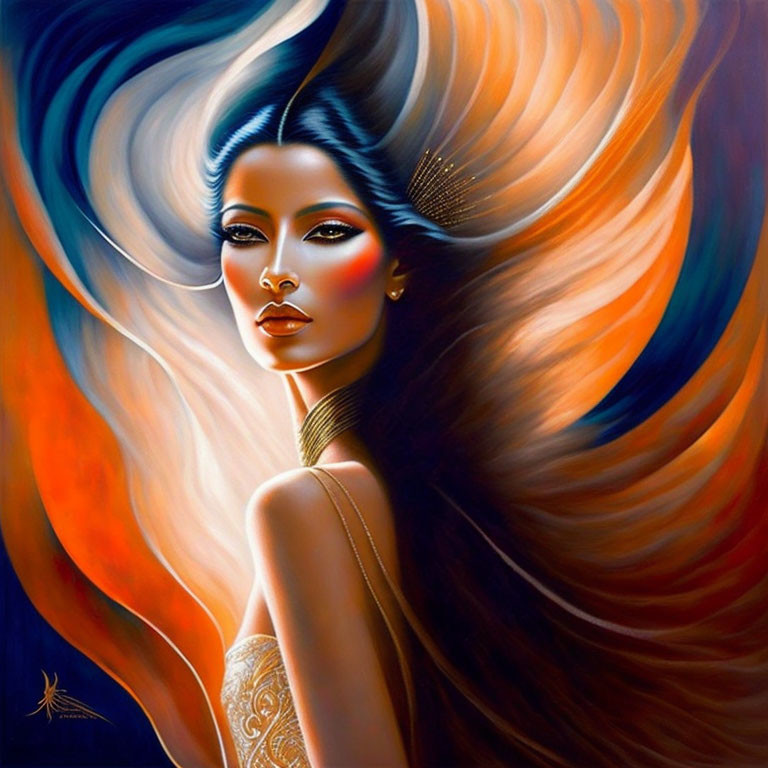 Colorful artwork: Woman with flowing hair in blue and orange abstract swirls