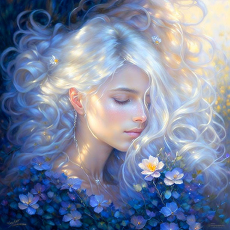 Blonde woman with flowers bouquet in soft light on blue floral backdrop