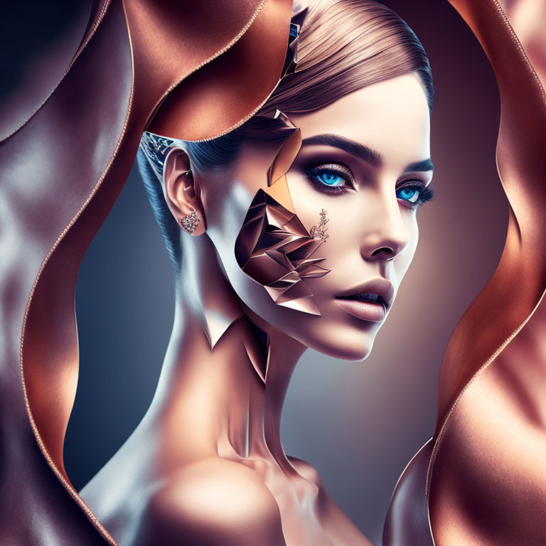 Geometric digital art: Woman with blue eye and abstract brown shapes