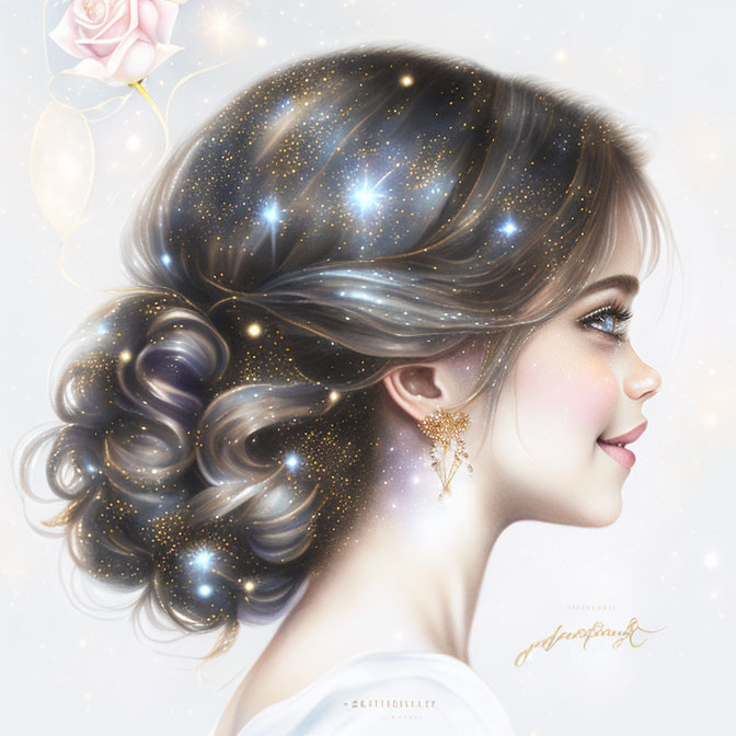 Woman with starry hair, subtle smile, and rose in ethereal illustration