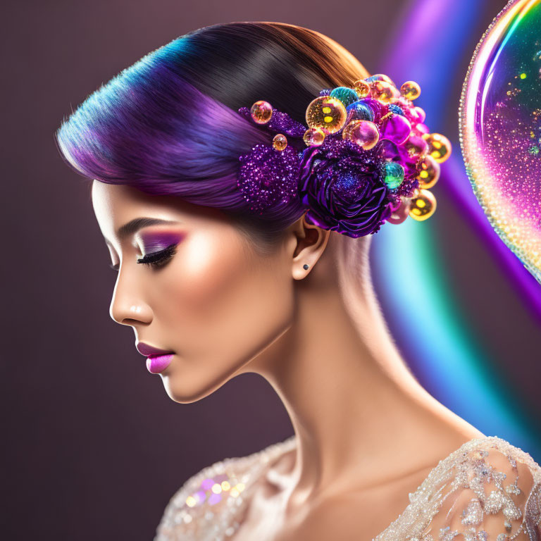 Colorful Woman with Beaded Rainbow Hair on Gradient Background