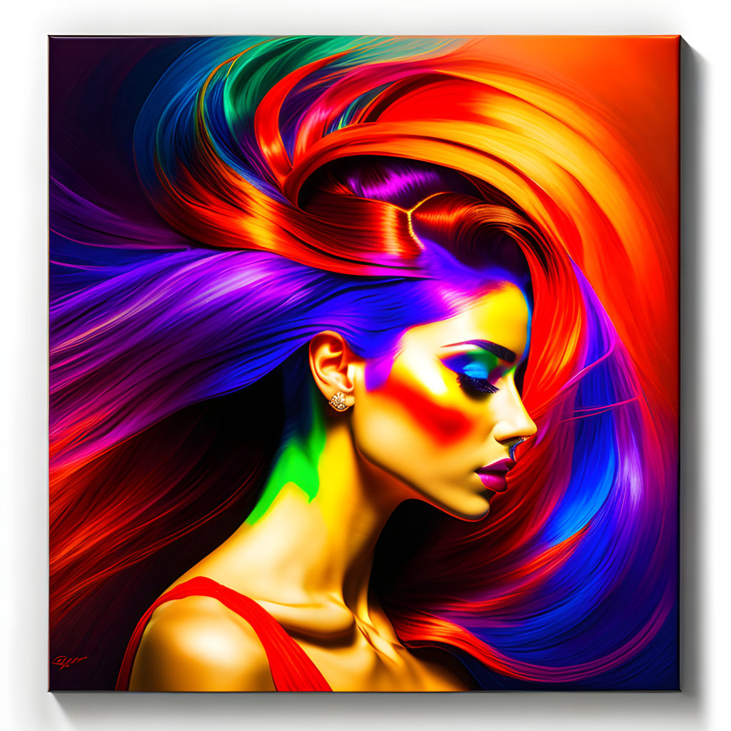 Colorful profile view digital artwork of a woman with rainbow hair and makeup on canvas