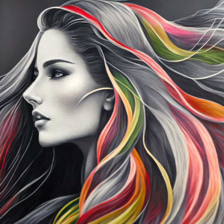 Grayscale woman illustration with vibrant hair streaks