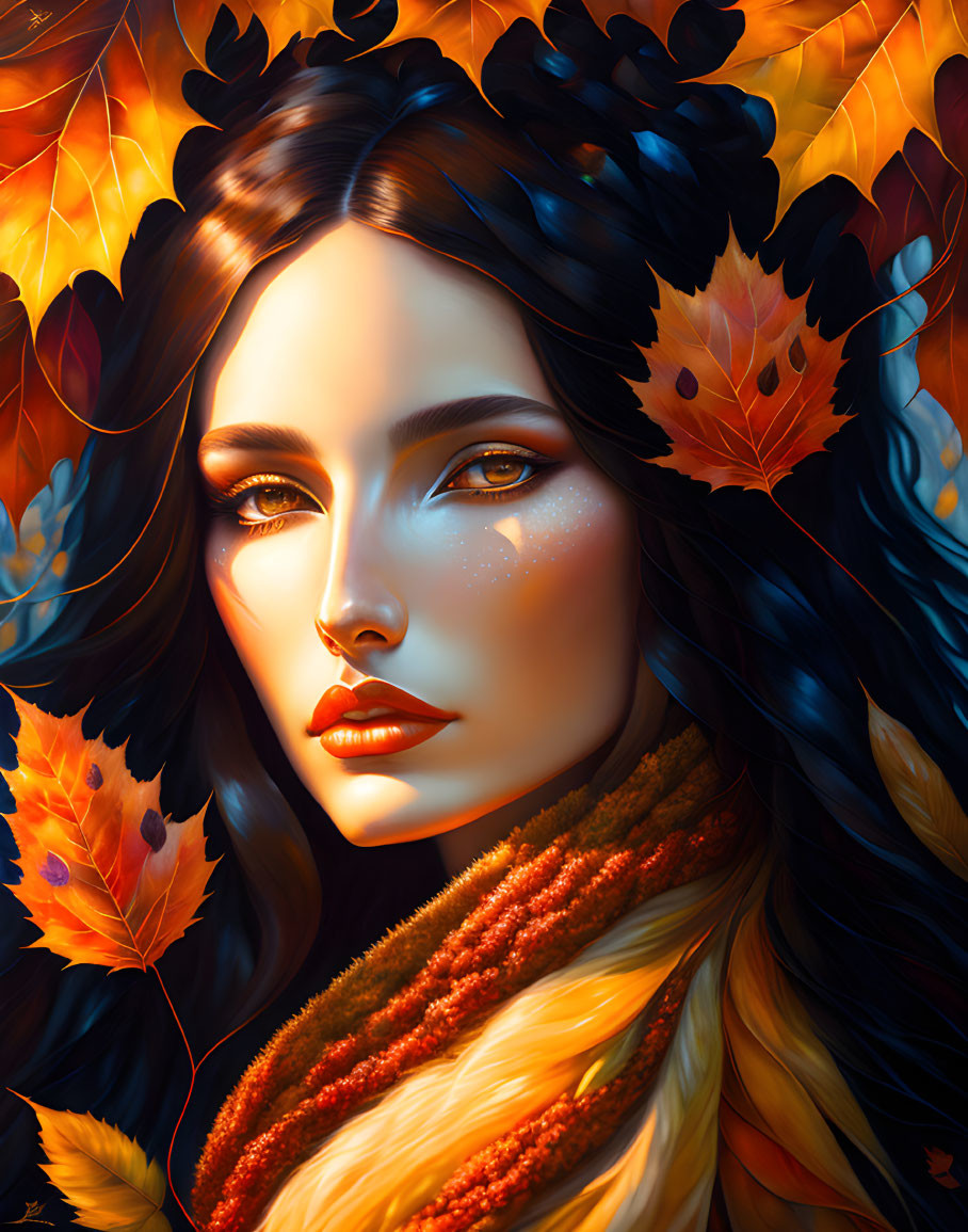 Digital portrait: Woman with autumnal leaves, golden lighting, orange knitted scarf