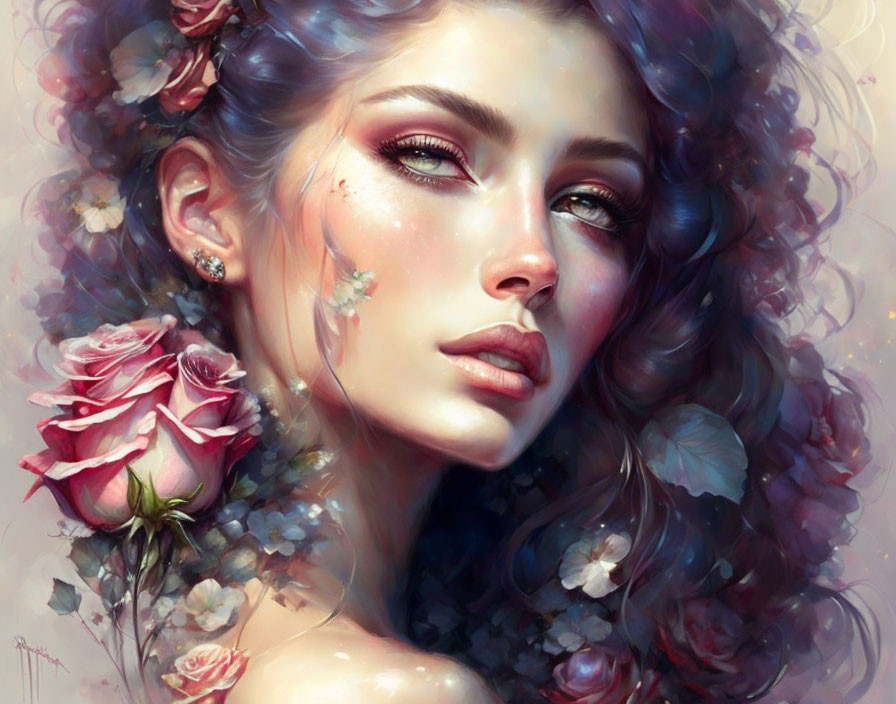 Digital Artwork: Woman with Flowers in Curly Hair and Mysterious Gaze