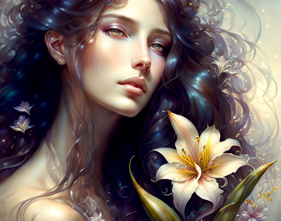 Fantasy artwork: Woman with blue curly hair and white lily in floral setting