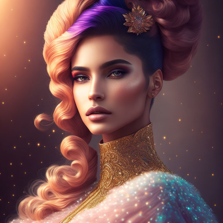 Multicolored hair woman portrait with elegant styling and golden accessory