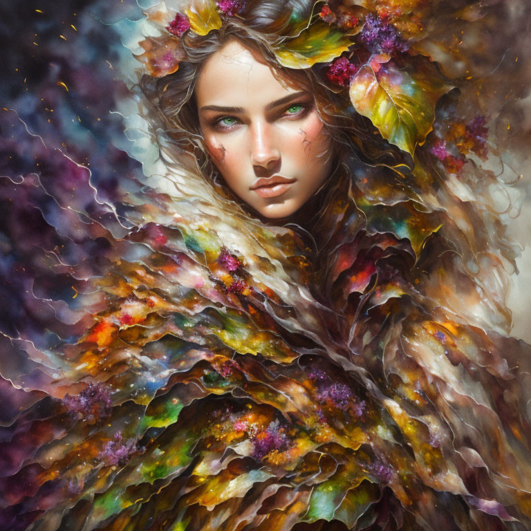 Fantasy portrait of woman with autumn leaves and cape in colorful, mystical setting