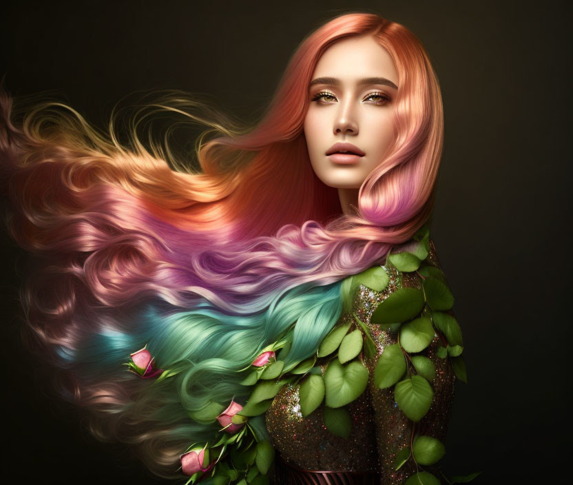 Multicolored hair with pastel shades, green leaves, and pink roses