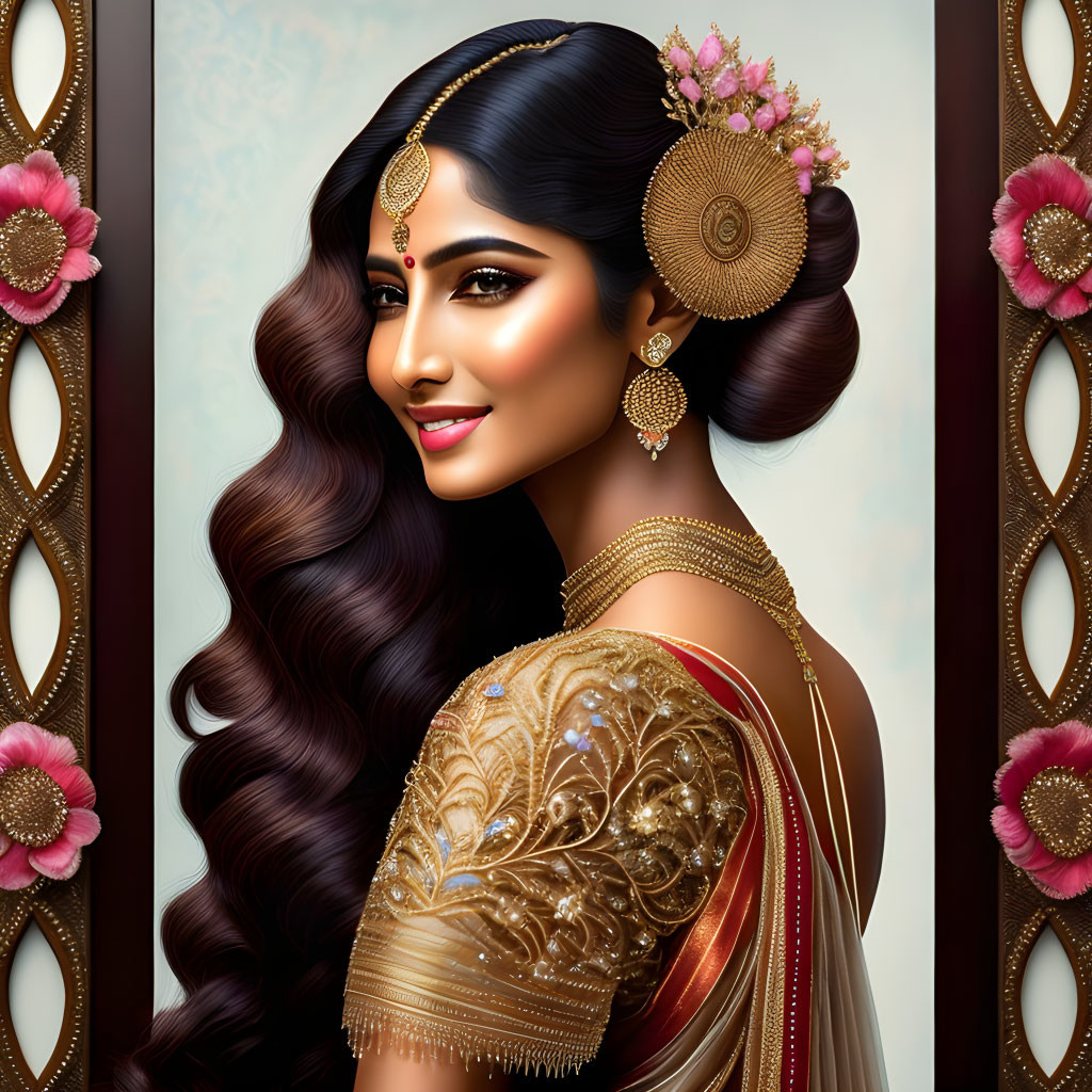 Illustration of woman in saree with long wavy hair & gold jewelry