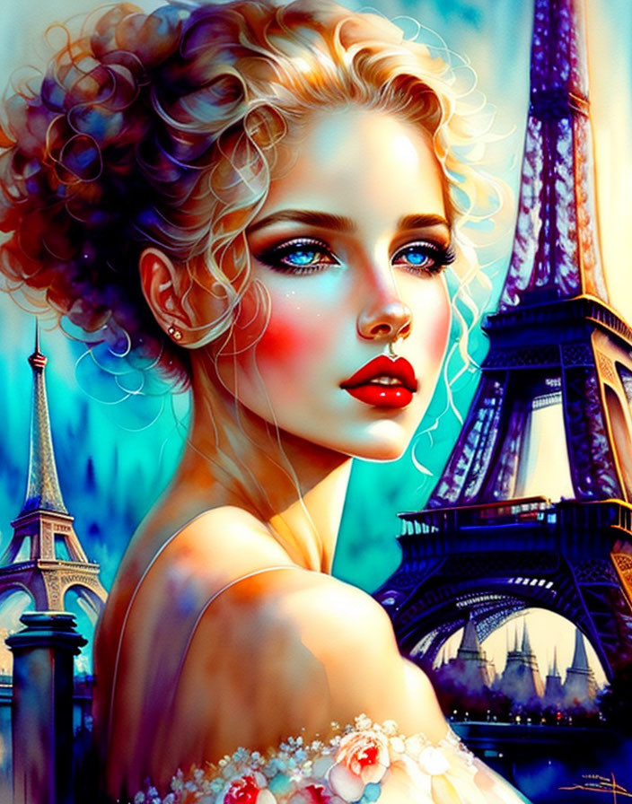 Vibrant illustration of woman with curly hair and Eiffel Tower background