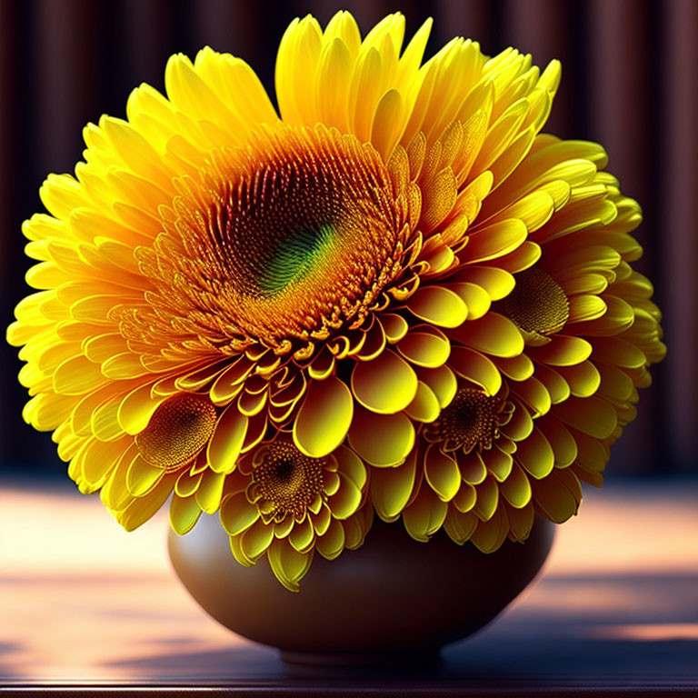 Bright Yellow Gerbera Daisy in Glossy Brown Vase on Wooden Background