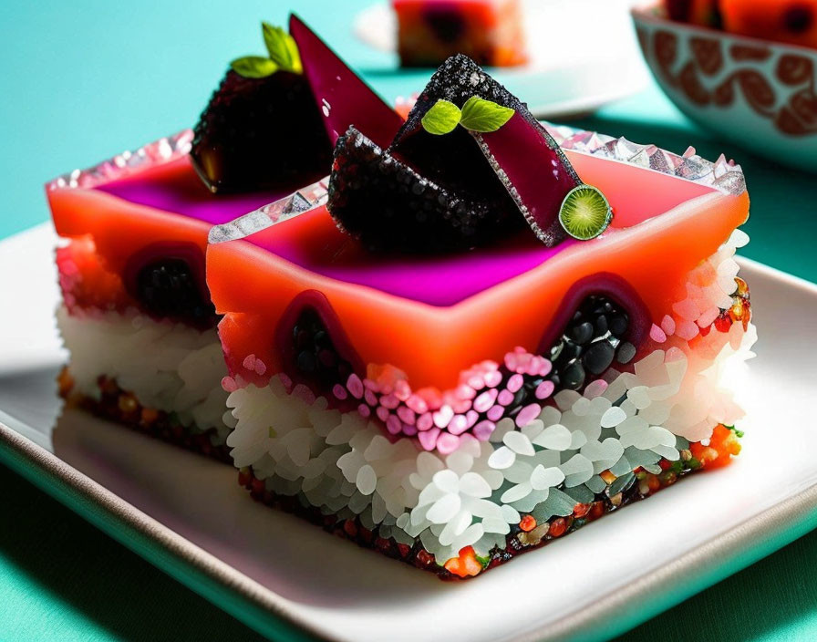 Vibrant layered sushi cake with black roe and pink jelly on white plate