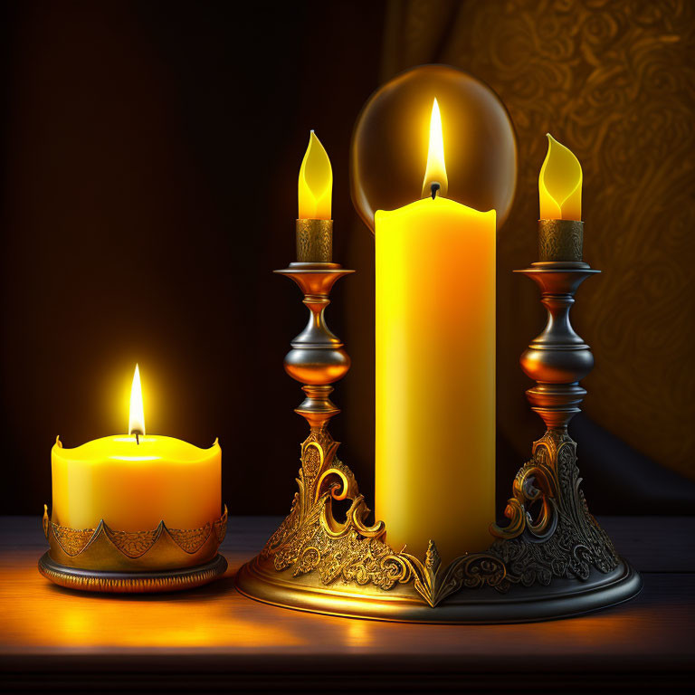 Three varying height candles on dark wooden surface with metallic candlesticks