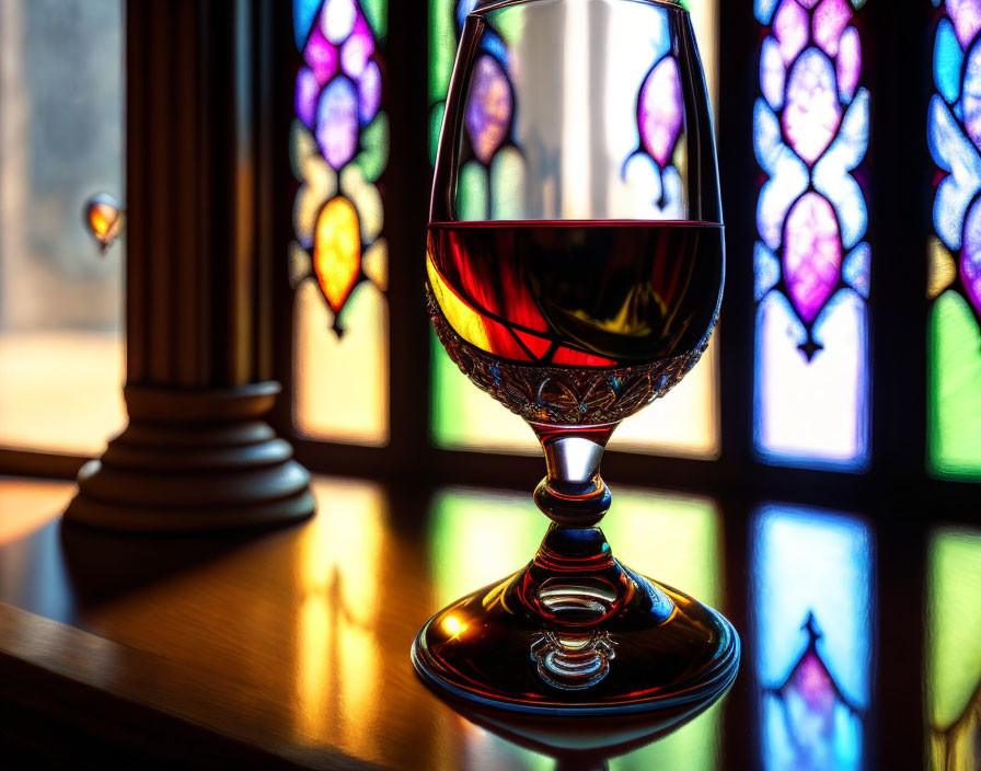 Red Liquid Glass on Wooden Surface Backlit by Stained Glass