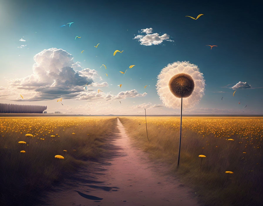 Surreal landscape with oversized dandelion and yellow flowers field