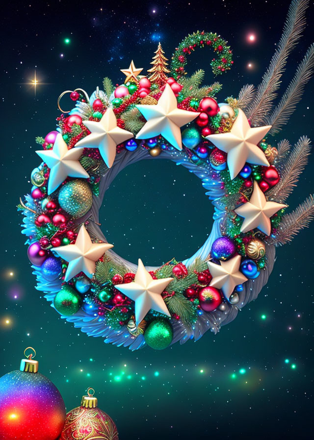 Festive Christmas wreath with stars, red and green ornaments, pine branches