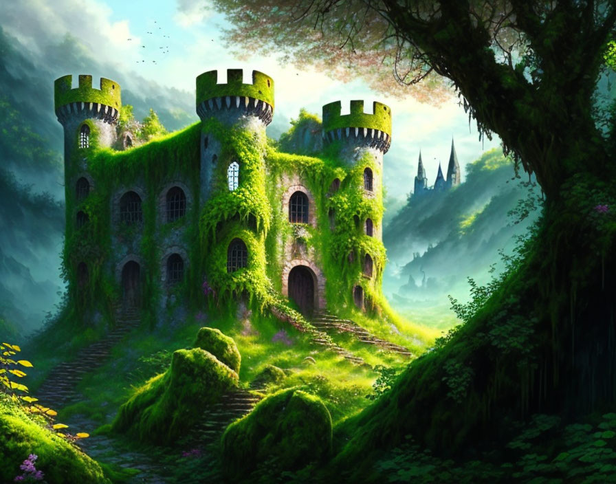 Digital illustration of ancient ivy-covered castle in misty forest