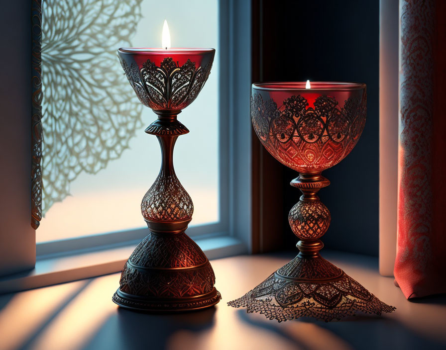 Ornate candle holders with lit candles by window at dusk