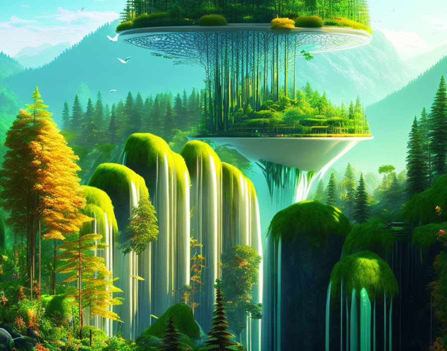 Surreal landscape with lush greenery and floating island waterfall