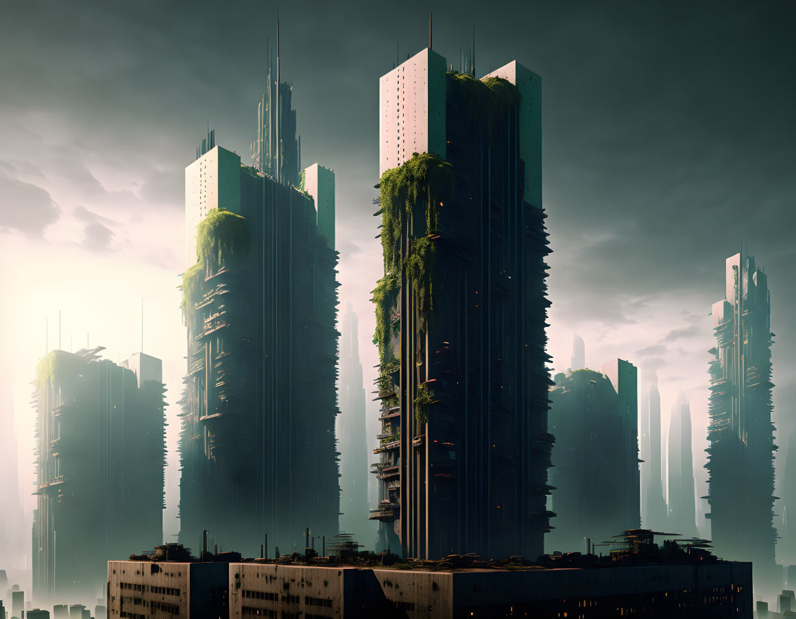 Dilapidated high-rises in futuristic cityscape with overgrown foliage