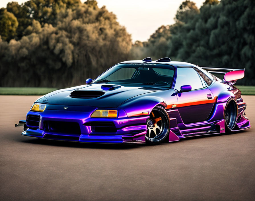 Purple Wide Body Sports Car with Large Spoiler and Custom Rims on Tarmac