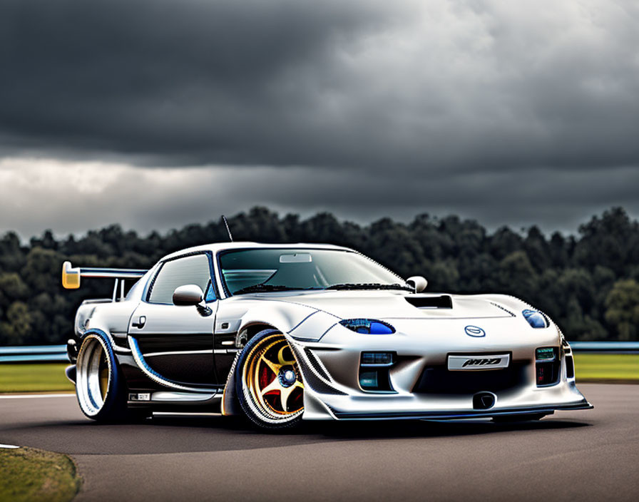 Wide Body Kit Sports Car with Gold-Rimmed Wheels on Racetrack