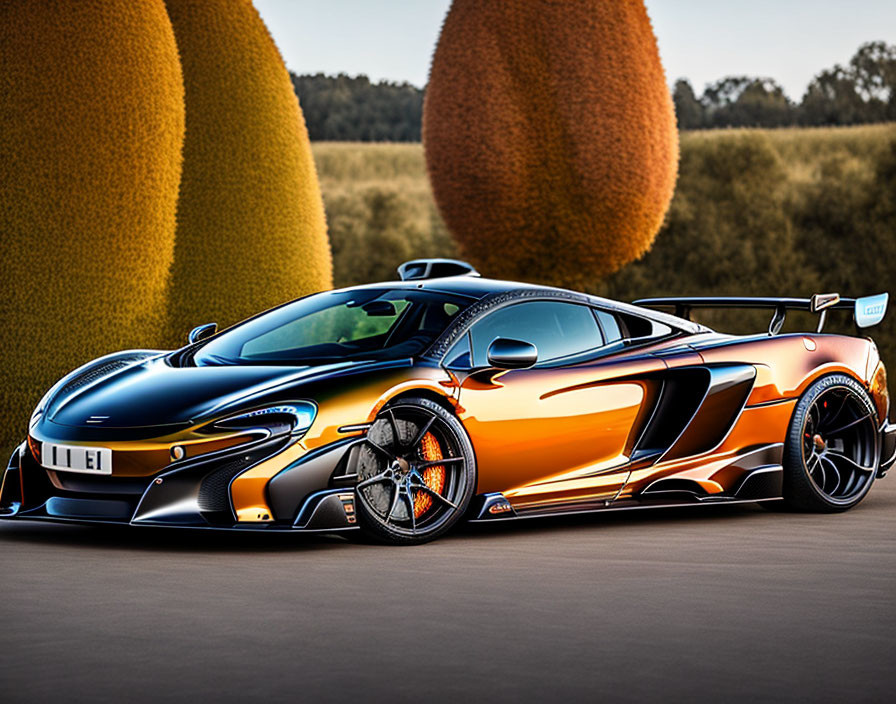 Orange and Black Sports Car with Racing Stripes on Asphalt Road