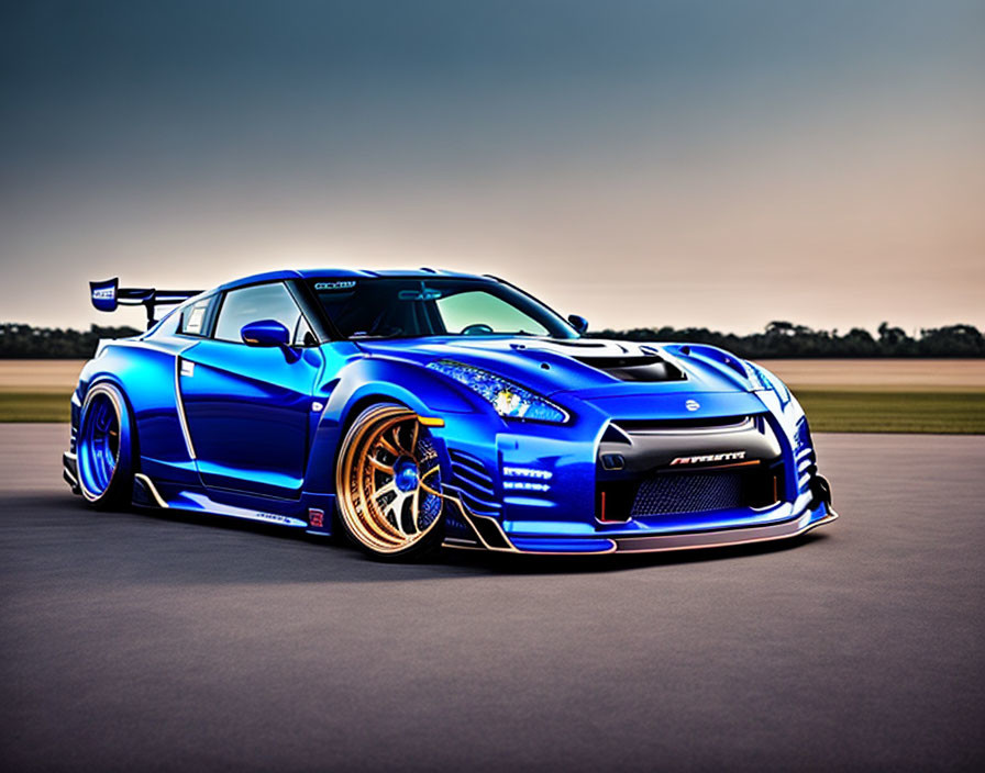 Blue Racing Sports Car with Decals on Tarmac at Dusk