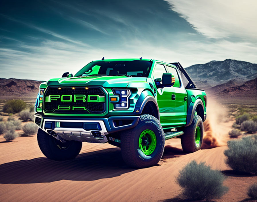 Vibrant Green Ford Pickup Truck Speeding in Desert Landscape