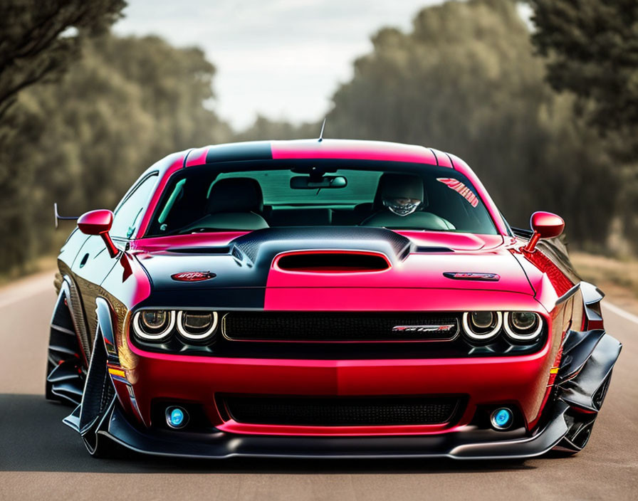 Custom Red and Black Dodge Challenger with Aggressive Body Kit on Tree-Lined Road