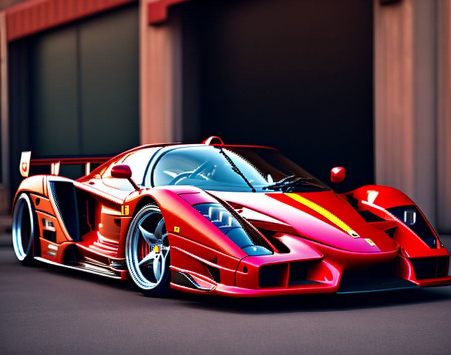 Red luxury sports car with racing stripes and decals parked in front of a garage