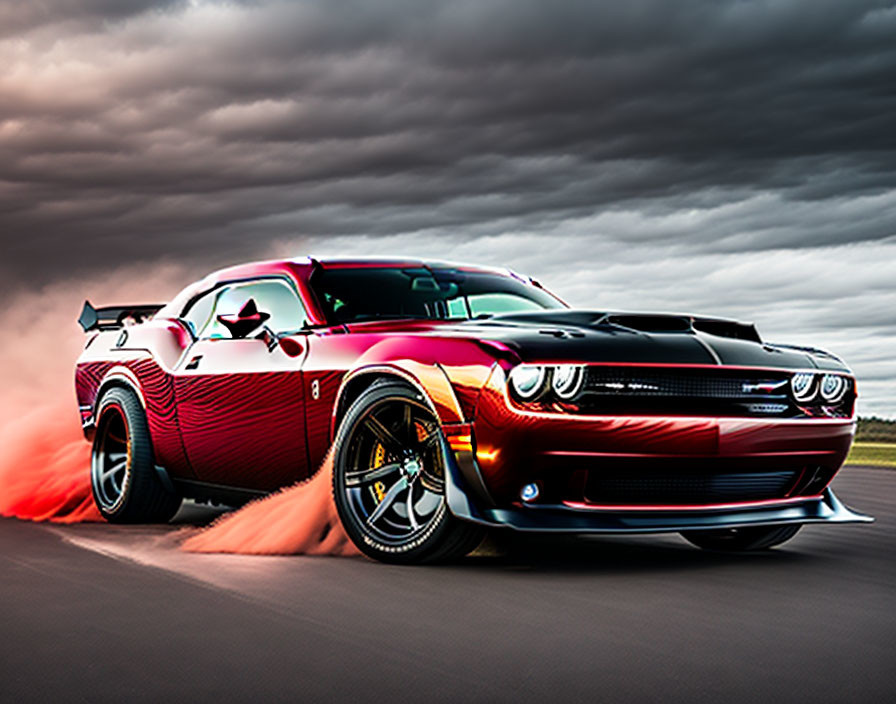 Red and Black Dodge Challenger Burnout on Asphalt with Red Smoke