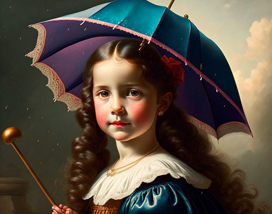 Young girl with curly hair holding blue umbrella in vintage dress