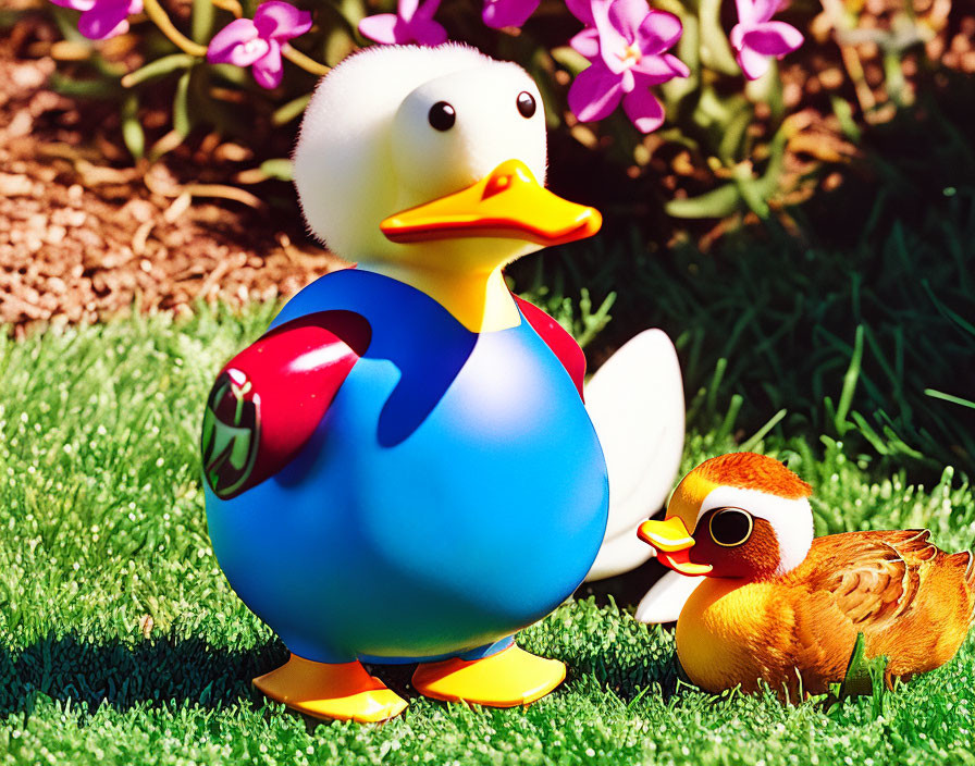 Colorful superhero rubber duck with duckling on grass and purple flowers