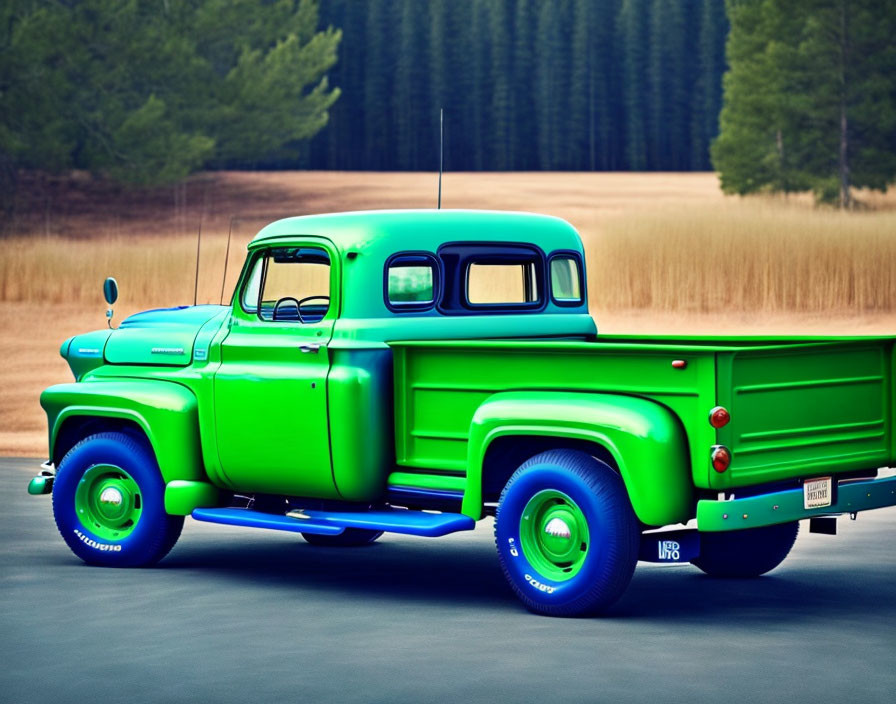 Classic Green Truck with Chrome Detailing on Open Road amid Trees