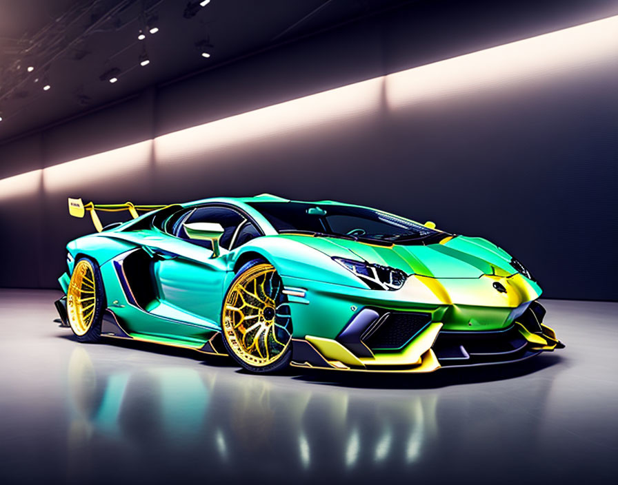 Custom Green and Blue Lamborghini Aventador with Rear Wing and Gold Wheels