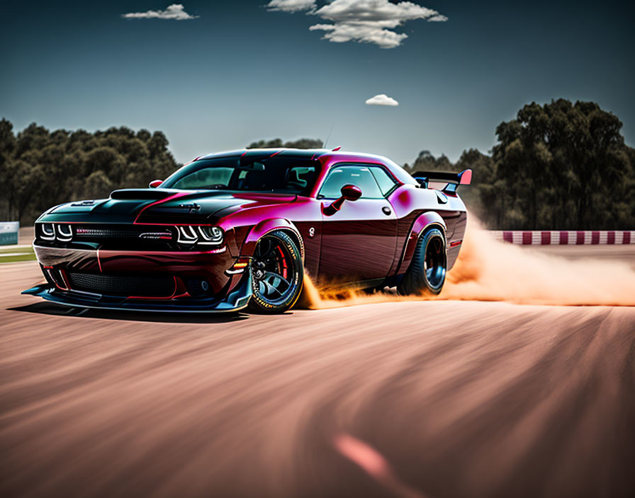 Purple sports car with racing stripes and spoiler burning out on track.