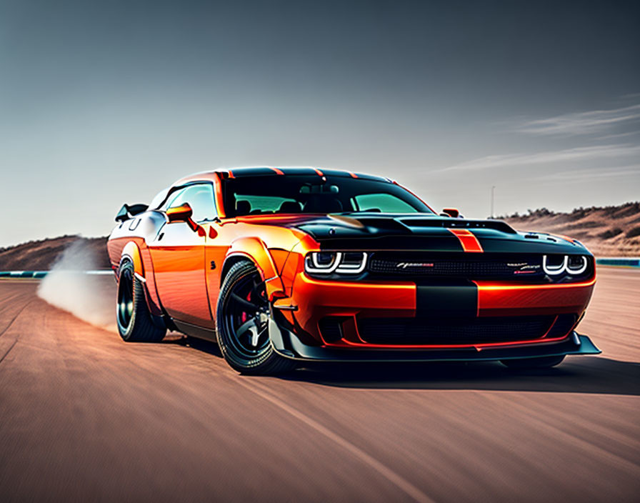 Red and Black Dodge Challenger Burnout on Asphalt Road